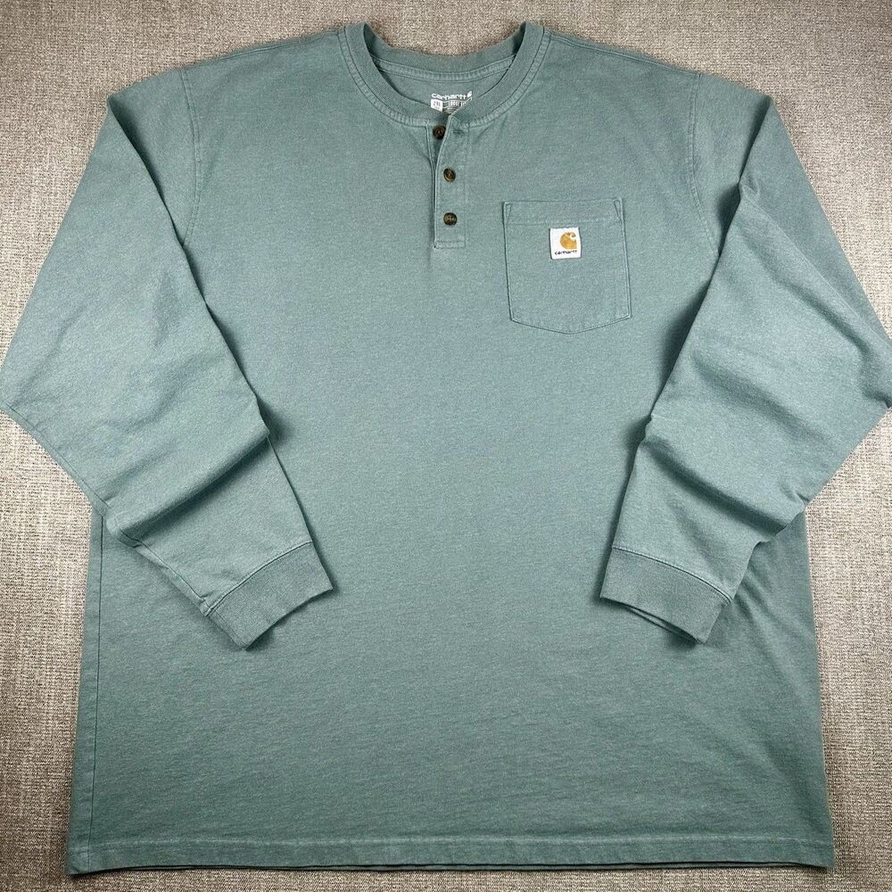 Carhartt Mens K128 Teal Green Loose Fit Long Sleeve Pocket Henley Shirt 2XL Tall